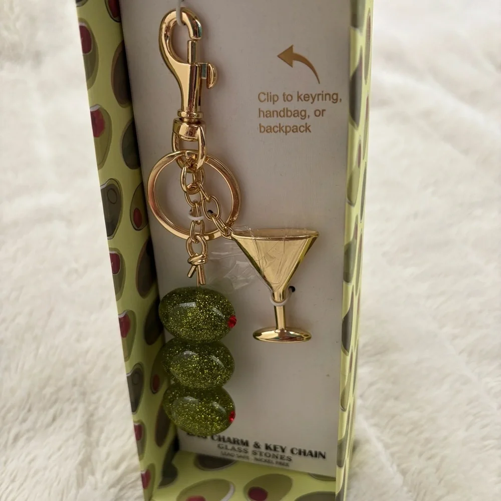 Gold and Green Martini and Glass Stones Olives Keychain Purse Charm